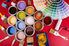Professional painting supplies—colour cans, rollers, brushes and shade selection