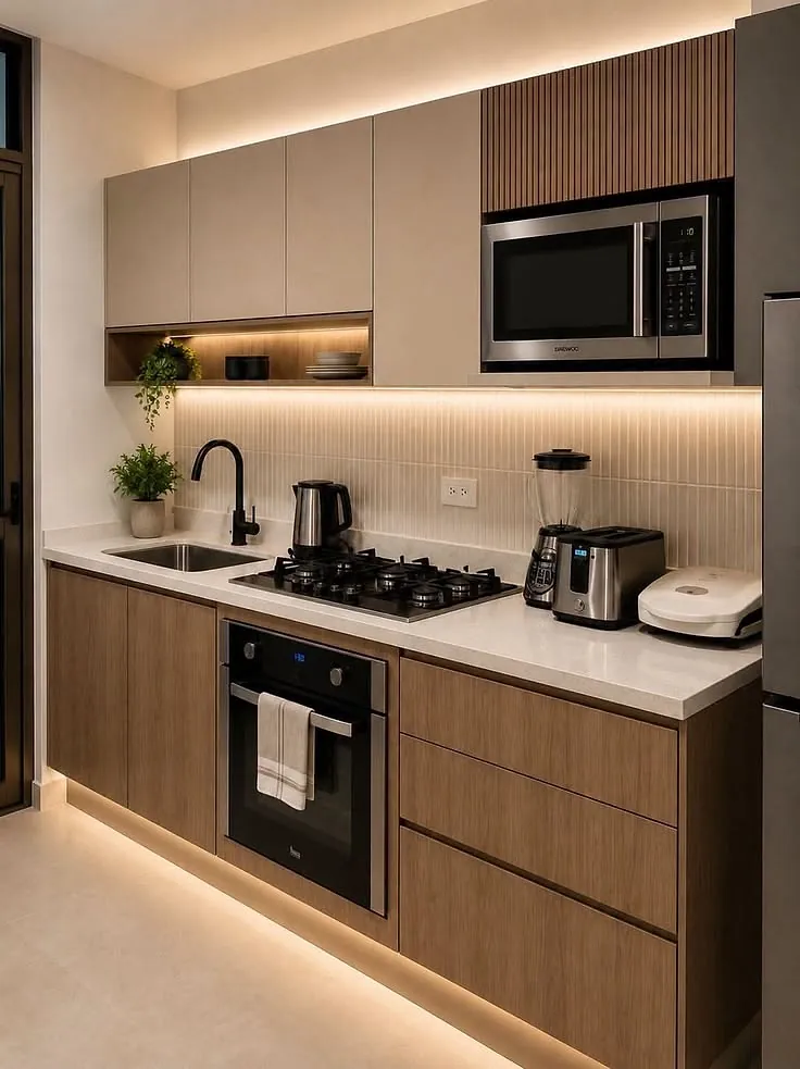 Compact 1 BHK modular kitchen with wood-finish cabinets, built-in oven and under-cabinet lighting