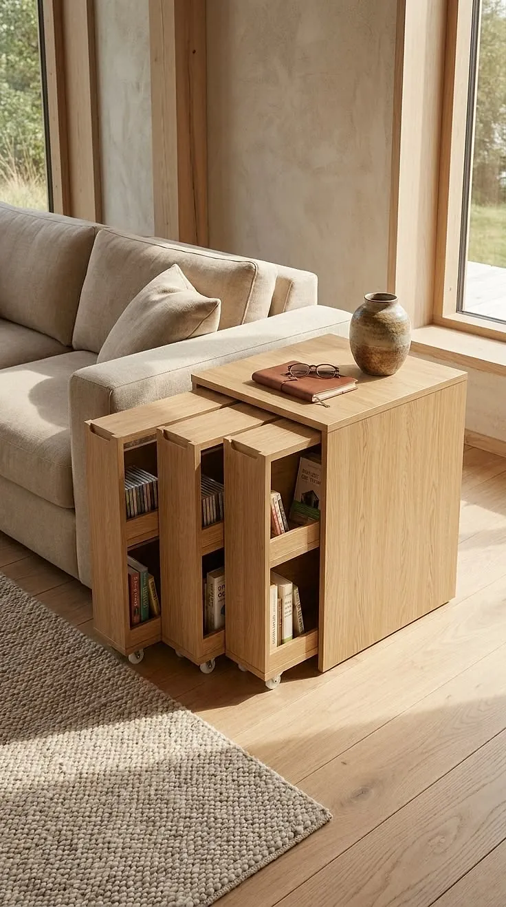 Multifunctional side table with built-in bookshelves beside a sofa in a compact living room