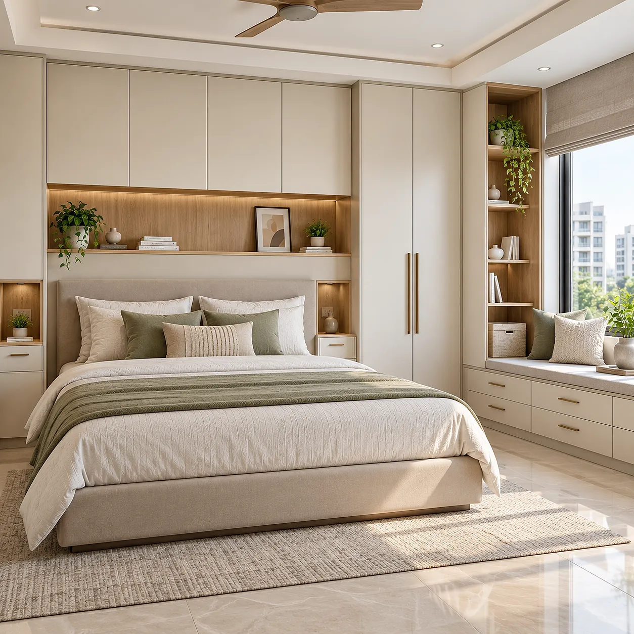 1 BHK bedroom with floor-to-ceiling wardrobes, a storage headboard and a window seat