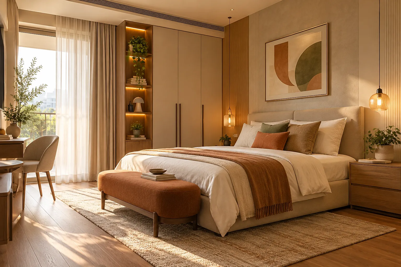 Warm minimalist 1 BHK bedroom in Bangalore with beige walls, natural wood and terracotta accents