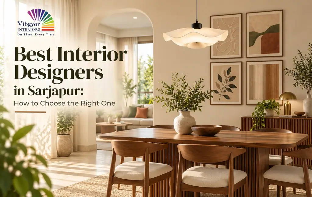 Best interior designers in Sarjapur – warm living and dining room with wooden table, arched doorway and sheer curtains by Vibgyor Interiors